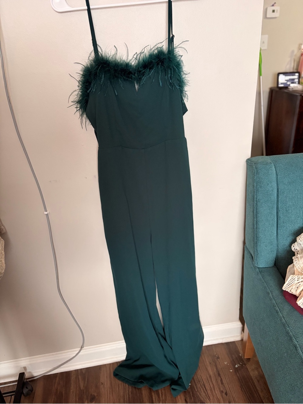 NWT Emerald Feather-Trim Jumpsuit - Picture 2 of 3